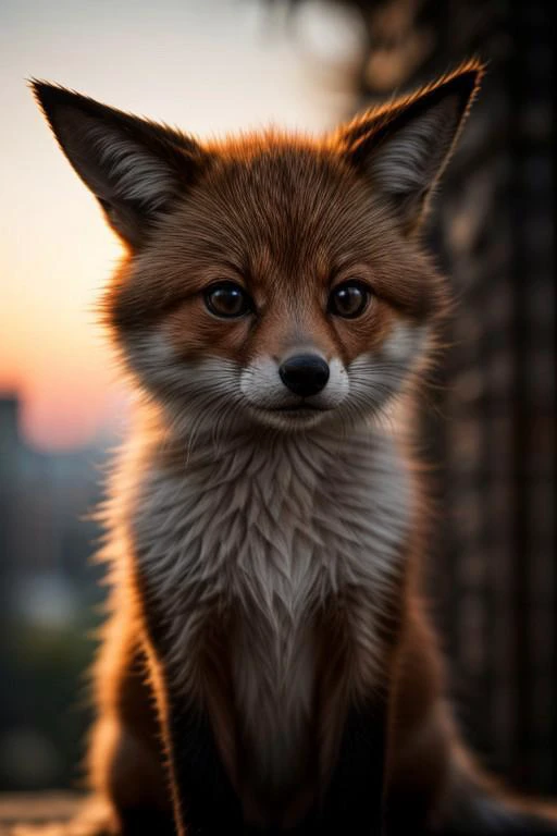 (masterpiece, best quality, highres:1.2), raw portrait photo of cute fox, in high detailed textured, (most iconic photo), (dynamic background), depth of field, morbid, sunset, (light smile:0.3)