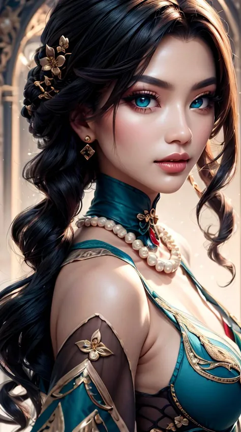(8k:1.5), (masterpiece), (intricate_details), (ultra_detailed), (incredibly absurdres), (official wallpaper), (cinematic), (perfect_background), (picture_perfect:1.5), (detailed_eyes), (rich), (looking at viewer), (close-up), 1girl, <lora:ruanmei:1>, (ruanmeidef), (green eyes), brown hair, long hair, hair ornament, jewelry, necklace, earrings, dress,chinese clothes,