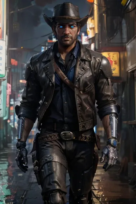 Arthur Morgan, (cyberpunk cowboy:1.3), facial hair, (cybernetic implants:1.4), cowboy hat, (cybernetic eye:1.3), bounty hunter, walking down a rainy cyberpunk street at (night:1.2), (neon signs:1.2), masterpiece, (blue shirt:0.8), armored brown motorcycle jacket, (shoulder armor), cyborg, <lora:ArthurRDR:0.6> arthurrdr AS-MidAged <lora:cyberpunk:0.3>