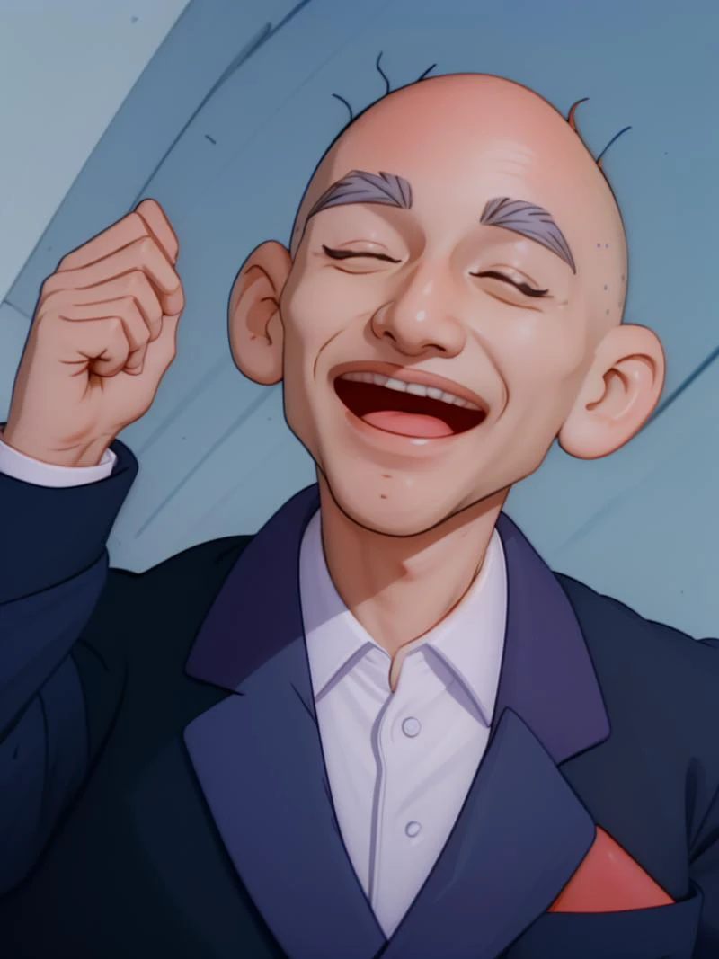 <lora:Boris_Rugrats_1991:1.5> 1boy, male focus, formal suit, solo, bald, shirt, pants, smile, eyes closed, laughing, mouth open, portrait, close up,
