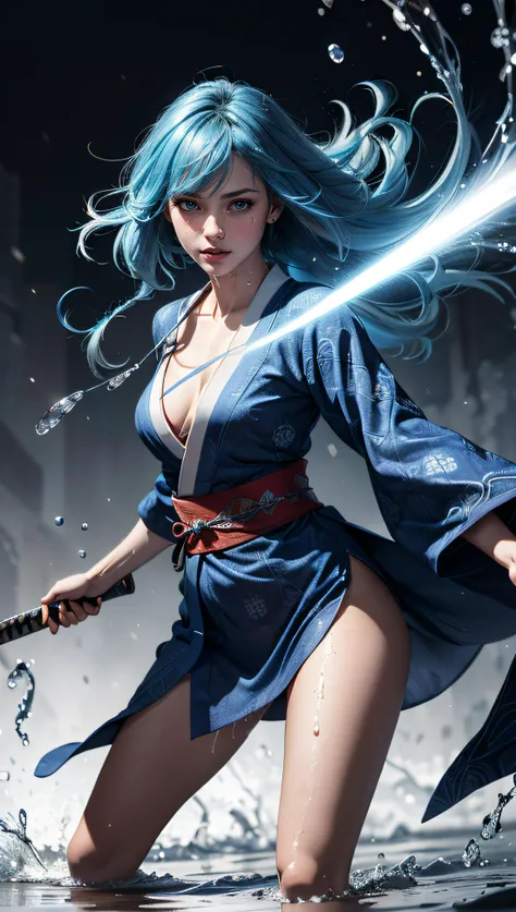 (best quality, masterpiece, colorful, dynamic angle, highest detailed)full body photo, ull body photo epic realistic, (close up), 1girl, floating blue_hair, long hair, (water:0.7), waterdrop, wet, holding_katana, blue_kimono with intricate pattern, ultra detailed, (textured_clothing), black_background, (intricate details, hyperdetailed:1.15), detailed, light passing through hair, (official art, extreme detailed, highest detailed),