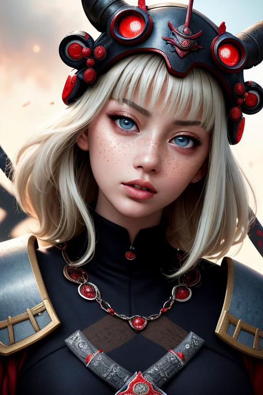 best quality,masterpiece,1 girl, adult jewish woman, freckles, grey-blue eyes, light blonde drill hair, ombre, solo, half shot, looking away, detailed background, detailed face, (<lora:BoneMagic:0.6>, bonemagic theme:1.1), samurai, dark purple samurai clothing, samurai helmet, aggressive expression, samurai crest, bushido, battlefield in background, cinematic atmosphere,,