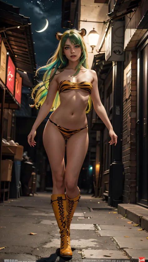 (best quality, masterpiece, colorful, dynamic angle, realistic)\Lum\, upper body photo, fashion photography of cute, intense long green hair, orange eyes, tiger print, strapless bikini, yellow boots, yellow little horns, small horns, \Lum\,(ultrahigh resolution textures), in dynamic pose, bokeh, (intricate details, hyperdetailed:1.15), moonlight passing through hair, perfect night, (colorful poster art background), (official art, extreme detailed, highest detailed), HDR