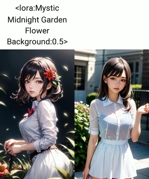 (masterpiece:1,2), best quality, 1girl, flower background, (dark background), flower, outdoors,
realistic, white shirt, face, cowboy shot,
<lora:Mystic Midnight Garden Flower Background:0.5>