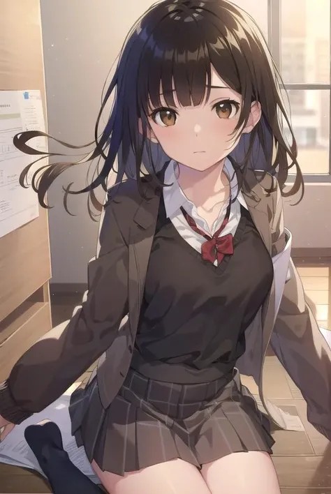 ogiwara sayu, 1girl, solo, school uniform, long sleeves, skirt grey, blush, (absurdres), (highres), looking at viewer, indoor, in the bedroom, squatting, (extremely detailed CG unity 8k wallpaper,masterpiece, best quality, ultra-detailed) <lora:ogiwara_sayu:0.7>