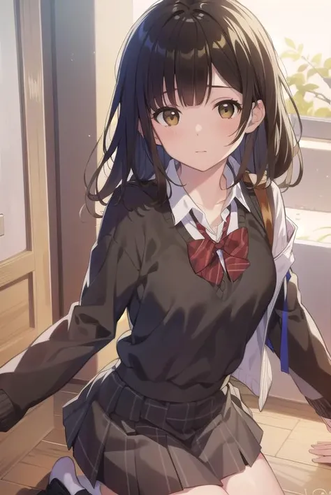 sayuogiwara, <lyco:sayuogiwara-lyco-nochekaiser:1>,
sayu ogiwara, brown hair, (brown eyes:1.5), medium hair,
BREAK school uniform, bow, red bow, long sleeves, sweater, shirt, collared shirt, white shirt, skirt, pleated skirt, black skirt, socks, brown sweater,
BREAK looking at viewer, full body,
BREAK indoors, classroom,
BREAK <lyco:GoodHands-beta2:1>, (masterpiece:1.2), best quality, high resolution, unity 8k wallpaper, (illustration:0.8), (beautiful detailed eyes:1.6), extremely detailed face, perfect lighting, extremely detailed CG, (perfect hands, perfect anatomy),