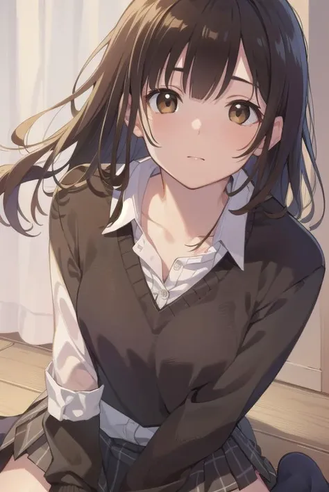sayuogiwara, <lyco:sayuogiwara-lyco-nochekaiser:1>,
sayu ogiwara, brown hair, (brown eyes:1.5), medium hair,
BREAK school uniform, bow, red bow, long sleeves, sweater, shirt, collared shirt, white shirt, skirt, pleated skirt, black skirt, socks, brown sweater,
BREAK looking at viewer, full body,
BREAK indoors, classroom,
BREAK <lyco:GoodHands-beta2:1>, (masterpiece:1.2), best quality, high resolution, unity 8k wallpaper, (illustration:0.8), (beautiful detailed eyes:1.6), extremely detailed face, perfect lighting, extremely detailed CG, (perfect hands, perfect anatomy),