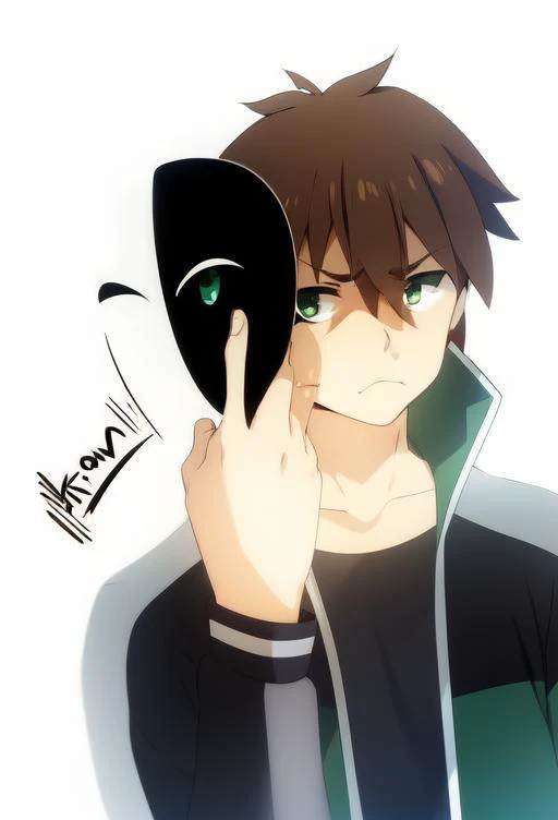 Kazuma, green eye, brown hair, kazuma, tracksuit, shadows, serious face, dark light