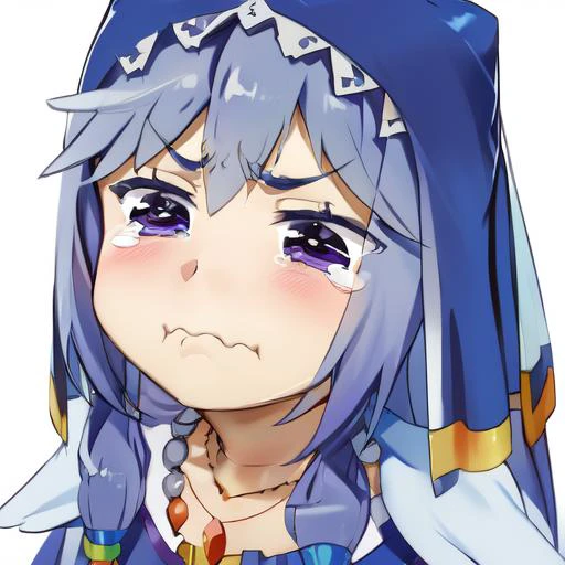 <lora:Eris0.32:1>, 1 girl, closed mouth, tears, wavy mouth, tearing up, pout, :i, meme, :t, parody, frown, v-shaped eyebrows, crying, sad, crying with eyes open, puffy cheeks <lora:merrytail_aqua_crying_meme_v02-05:0.7>, nun, [purple hair: silver hair:0.5], long hair, small breasts, [blue eyes:purple eyes:0.5], necklace, jewelry, habit, hood, veil, nun,frills