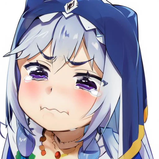 <lora:Eris0.32:1>, 1 girl, closed mouth, tears, wavy mouth, tearing up, pout, :i, meme, :t, parody, frown, v-shaped eyebrows, crying, sad, crying with eyes open, puffy cheeks <lora:merrytail_aqua_crying_meme_v02-05:0.7>, nun, [purple hair: silver hair:0.5], long hair, small breasts, [blue eyes:purple eyes:0.5], necklace, jewelry, habit, hood, veil, nun, frills
