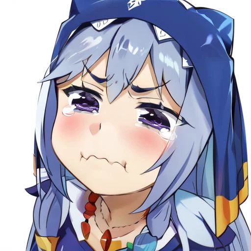 <lora:Eris0.32:1>, 1 girl, closed mouth, tears, wavy mouth, tearing up, pout, :i, meme, :t, parody, frown, v-shaped eyebrows, crying, sad, crying with eyes open, puffy cheeks <lora:merrytail_aqua_crying_meme_v02-05:0.7>, nun, [purple hair: silver hair:0.5], long hair, small breasts, [blue eyes:purple eyes:0.5], necklace, jewelry, habit, hood, veil, nun,frills