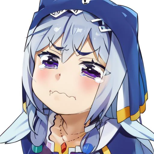 <lora:Eris0.32:1>, 1 girl, closed mouth, tears, wavy mouth, tearing up, pout, :i, meme, :t, parody, frown, v-shaped eyebrows, crying, sad, crying with eyes open, puffy cheeks <lora:merrytail_aqua_crying_meme_v02-05:0.7>, nun, [purple hair: silver hair:0.5], long hair, small breasts, [blue eyes:purple eyes:0.5], necklace, jewelry, habit, hood, veil, nun, frills