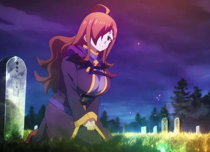 field; sparkle; Wiz, on her knees, smiling; night; graveyard