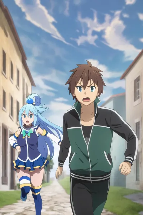 Axel; sky; Kazuma, tracksuit, running, angry; Aqua, running, scared