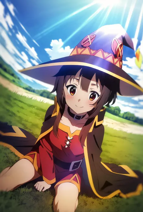field; farm; Megumin, sitting on ground, looking up, sky, smiling, crimson dress, cape, witch hat; sunlight; masterpiece;