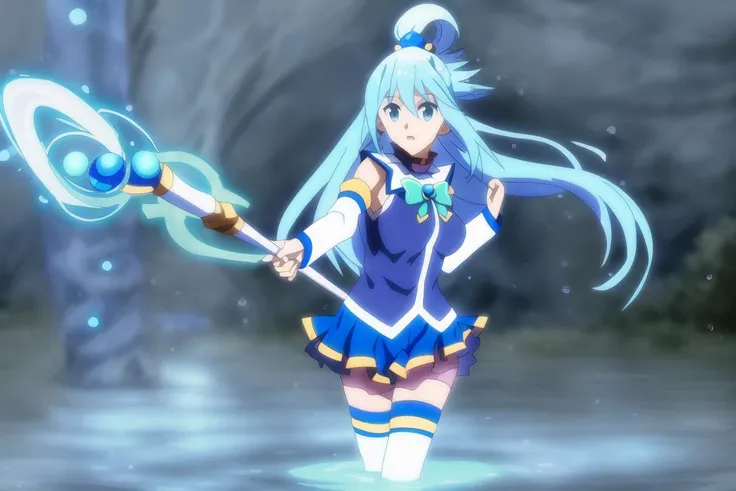 Aqua, holding staff, casting, flood spell;