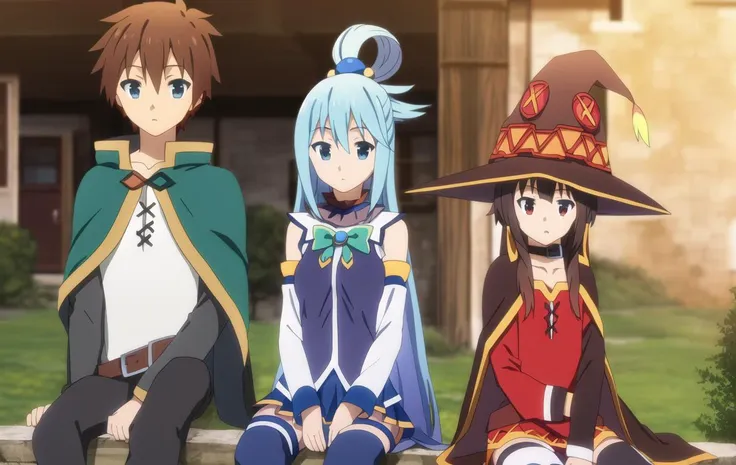 Axel; Darkness, sitting; evening; Aqua, sitting; Megumin, sitting; Kazuma, sitting;