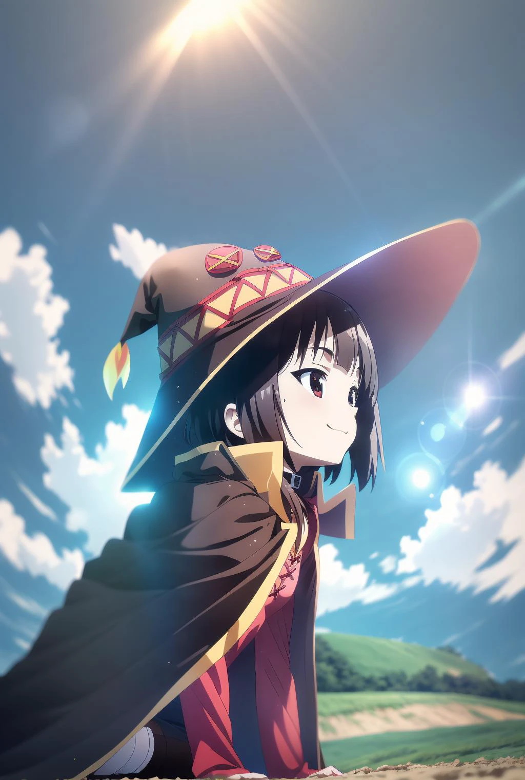 field; farm; Megumin, sitting on ground, looking up, sky, smiling, crimson dress, cape, witch hat; sunlight; masterpiece;
<hypernet:sxzBloomHypernetwork_sxzBloom:0.8>