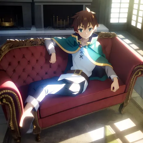 Kazuma, shirt, cloak, laying on couch; mansion; sunlight; masterpiece; solo