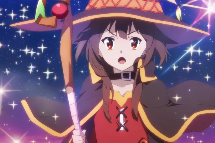 Megumin, holding staff, casting, close-up; sparkle; night;