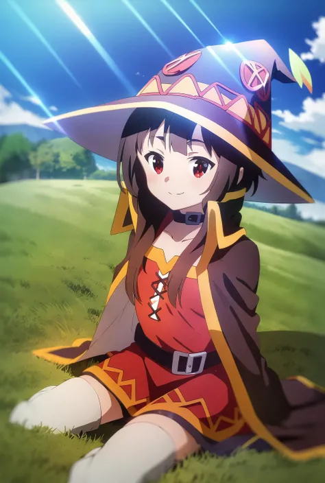 field; farm; Megumin, sitting on ground, looking up, sky, smiling, crimson dress, cape, witch hat; sunlight; masterpiece;