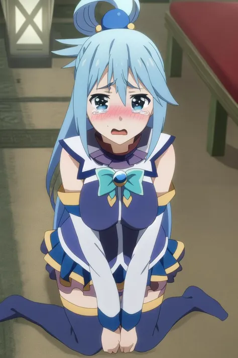 Adventurer's guild; Aqua, blushing, crying, holding bottle, on her knees