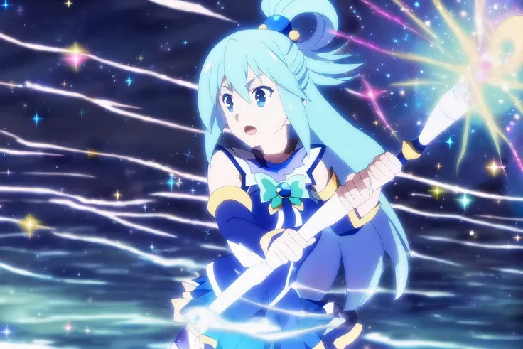 Aqua, holding staff, casting, flood spell; sparkle;