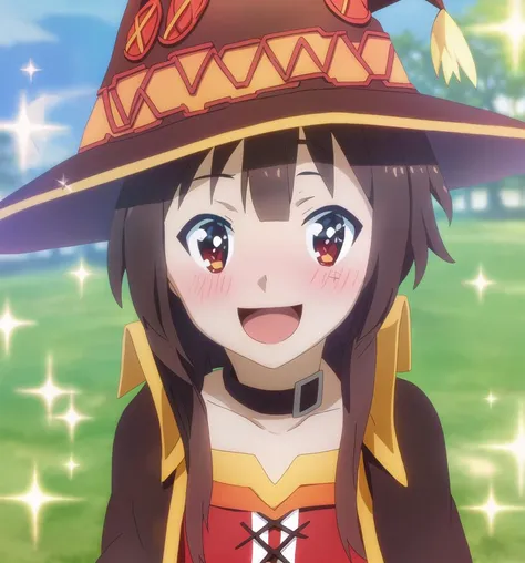 sparkle; Megumin, close-up, blushing, happy;