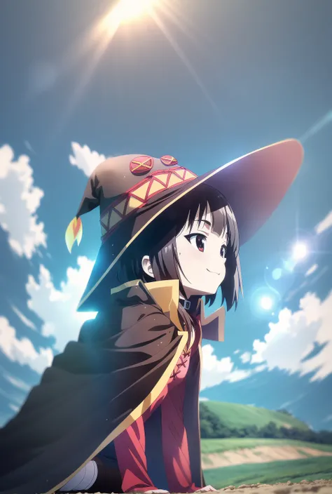 field; farm; Megumin, sitting on ground, looking up, sky, smiling, crimson dress, cape, witch hat; sunlight; masterpiece;
 <hypernet:sxzBloomHypernetwork_sxzBloom:0.8>