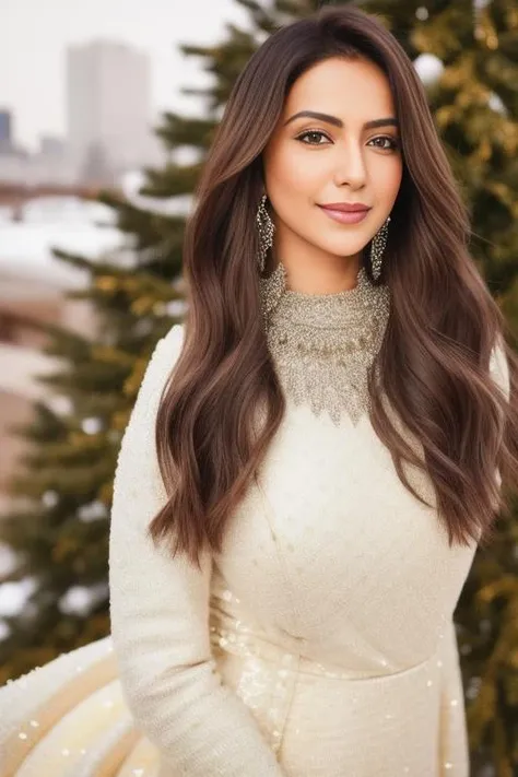 a photo of a woman, stylish, outdoor professional portrait, head-shot, slight smile, cute, snovy winter wether, rupri  <lora:RukulPreetSingh:1>