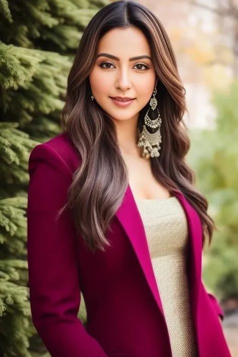 a photo of a woman, stylish, outdoor professional portrait, head-shot, slight smile, cute, snovy winter wether, rupri <lora:RukulPreetSingh:1>