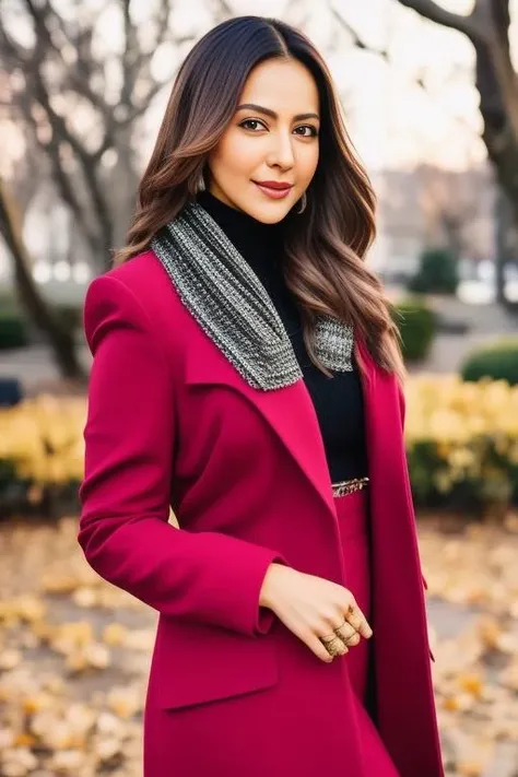 a photo of a woman, stylish, outdoor professional portrait, head-shot, slight smile, cute, snovy winter wether, rupri <lora:RukulPreetSingh:1>