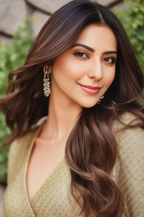 a photo of a woman, stylish, outdoor professional portrait, head-shot, slight smile, cute, snovy winter wether, rupri <lora:RukulPreetSingh:1>