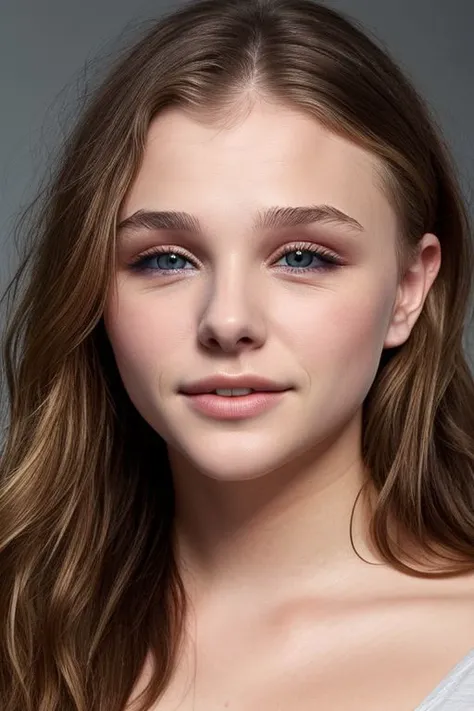 (CR-Chlo3Grac3Moretz-slgmoon:0.9), face closeup portrait of young woman wearing thin torn t-shirt, oiled shiny skin, grey background, tilted pose shot,