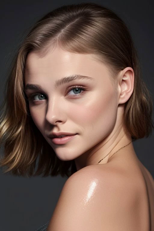 (CR-Chlo3Grac3Moretz-slgmoon:0.9),portrait of young woman, oiled shiny skin, grey background, tilted pose shot, slick hair,