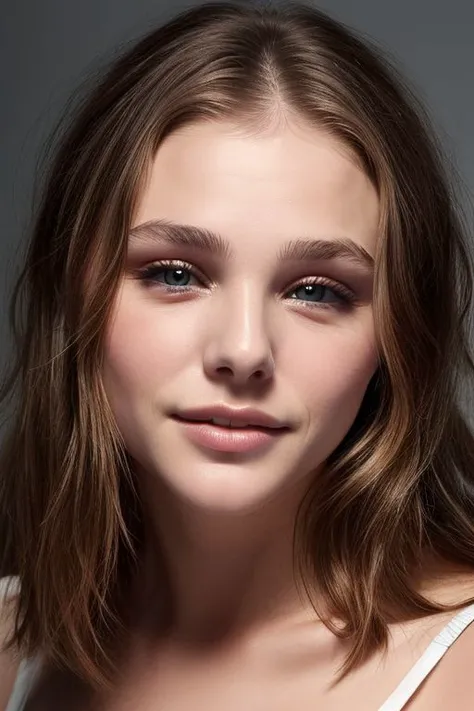 (CR-Chlo3Grac3Moretz-slgmoon:0.9), face closeup portrait of young woman, oiled shiny skin, grey background, tilted pose shot,