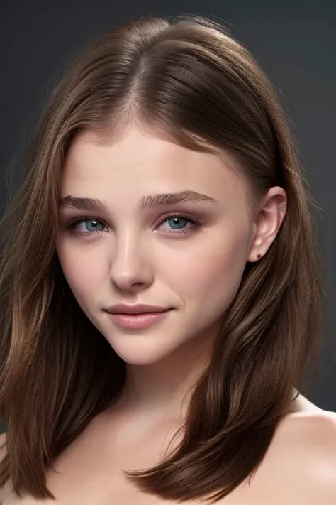 (CR-Chlo3Grac3Moretz-slgmoon:0.9),portrait of young woman, oiled shiny skin, grey background, tilted pose shot, slick hair,