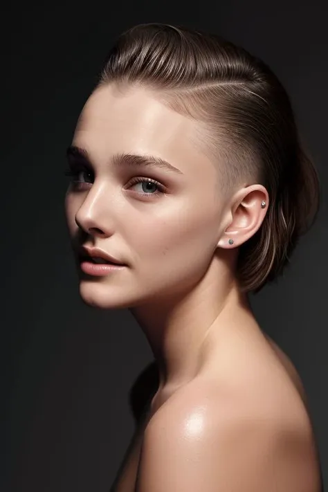 (CR-Chlo3Grac3Moretz-slgmoon:0.9),portrait of young woman, oiled shiny skin, grey background, tilted pose shot, slick undercut hair,