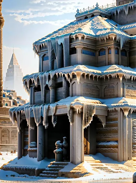 <lora:SumerianArchitecture:0.85> sumerian, scenery, building, temple, ziggurat, pyramid, palace, monumental architecture, city, cityscape, nisroch, <lora:Xmas3:0.85> Xmas, ice covered, snow covered, neatly wrapped , with icicles, icicles, mistletoe,