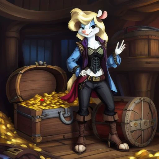 Minerva Mink (Animaniacs), 1girl, <lora:Pirate-14:0.8>, PrateT, hand on hip, pants, jacket, cross-laced footwear, corset, treasure chest, watercraft, ship, best quality, masterpiece, highres