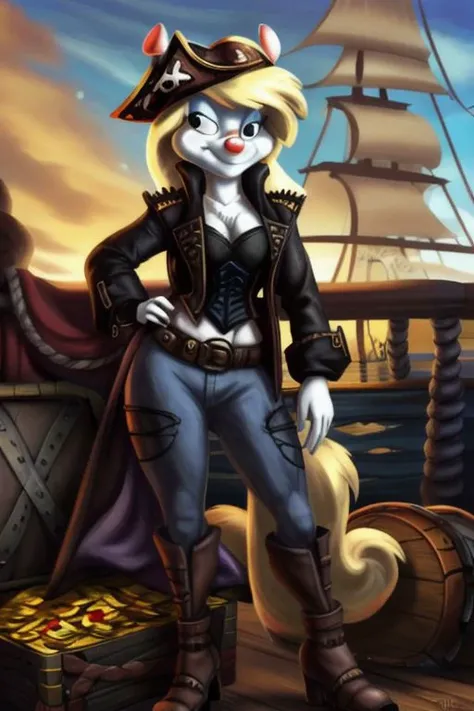 Minerva Mink (Animaniacs), 1girl, <lora:Pirate-14:0.8>, PrateT, hand on hip, pants, jacket, cross-laced footwear, corset, treasure chest, watercraft, ship, best quality, masterpiece, highres