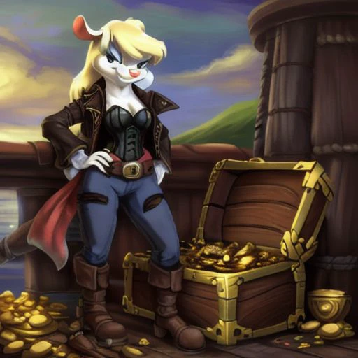Minerva Mink (Animaniacs), 1girl, <lora:Pirate-14:0.8>, PrateT, hand on hip, pants, jacket, cross-laced footwear, corset, treasure chest, watercraft, ship, best quality, masterpiece, highres