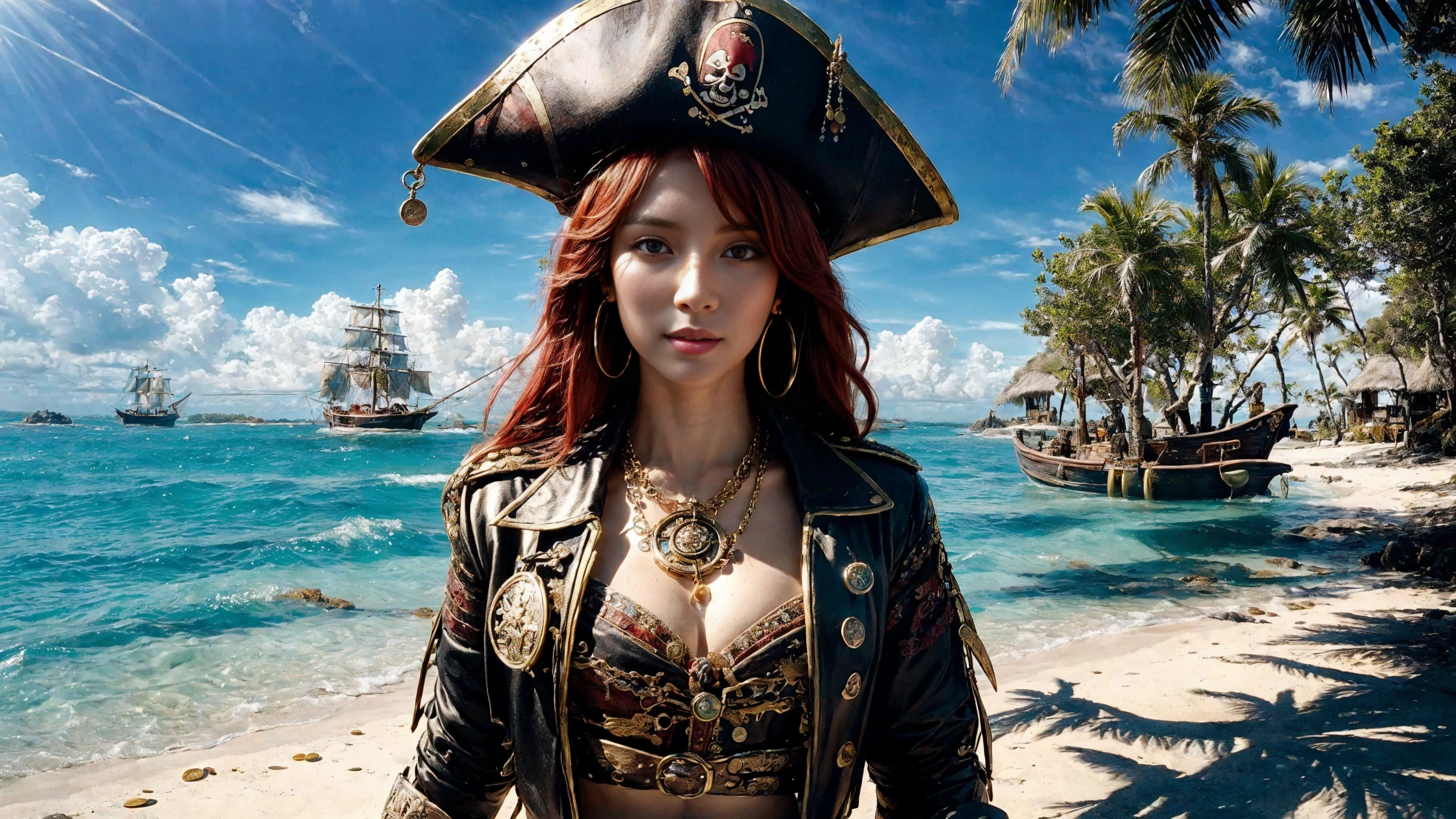 (young redhead pirate woman), (portrait), sharp focus, (ultradetailed), (standing), (happy) smile, pirate (ship galleon:1.2, hoop earrings, gold medallion, Spring Greenpirate clothes, pirate hat, hips, (pirate parrot:1.2), pirate (village), leafy beach coast, (treasure chest with coins, gems and jewels:1.2), rum barrel, best quality masterpiece, bright sunny sky, backlight, natural lights, high contrast, hdr, shadows, pretty, beautiful, feminine, sexy, adorable, lovely, in love, (PirateDiffusionprt:0.5), <lora:Pirate:0.3> PrateT <lora:PirateRealms:0.3> <lora:Detail Tweaker LoRA add_detail:0.8> <lora:depth_of_field_slider_v1:5> <lora:SDXLrender_v2.0:0.9>