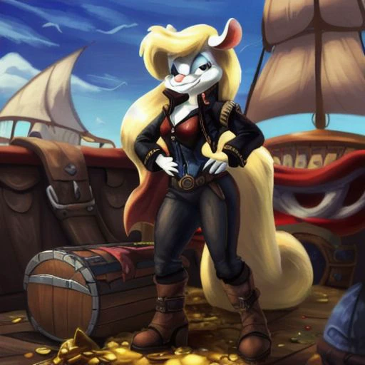 Minerva Mink (Animaniacs), 1girl, <lora:Pirate-14:0.8>, PrateT, hand on hip, pants, jacket, cross-laced footwear, corset, treasure chest, watercraft, ship, best quality, masterpiece, highres
