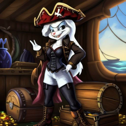 Minerva Mink (Animaniacs), 1girl, <lora:Pirate-14:0.8>, PrateT, hand on hip, pants, jacket, cross-laced footwear, corset, treasure chest, watercraft, ship, best quality, masterpiece, highres