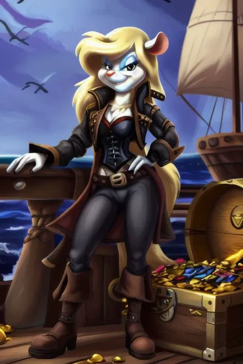 Minerva Mink (Animaniacs), 1girl, <lora:Pirate-14:0.8>, PrateT, hand on hip, pants, jacket, cross-laced footwear, corset, treasure chest, watercraft, ship, best quality, masterpiece, highres