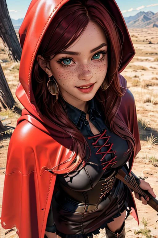 a Redhead amazon girl with (freckles), navel, bright red hair, long hair, sidelocks, cowboy shot, belt, confident smile, bttrfrckl,
beautiful, masterpiece, best quality, ((adult)), extremely detailed face, perfect lighting, 1girl, solo, photorealistic, hi res, hyperdetailed , ultrarealistic,
bttrfrckl, RedHoodWaifu, demon_hunter, PrateT, 1girl, woman, ((holding axe)), (red leather hood, leather cloak, corset, dress, red dress), gloves, boots, thigh boots, jewelry, earrings, fur trim, cloak, torn clothes, lace-up boot, dress, bustier, monster hunter, shirt, frills, collared shirt