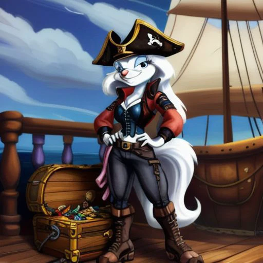 Minerva Mink (Animaniacs), 1girl, <lora:Pirate-14:0.8>, PrateT, hand on hip, pants, jacket, cross-laced footwear, corset, treasure chest, watercraft, ship, best quality, masterpiece, highres