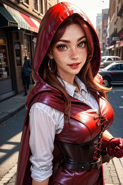 a Redhead amazon girl with (freckles), navel, bright red hair, long hair, sidelocks, cowboy shot, belt, confident smile, bttrfrckl,
beautiful, masterpiece, best quality, ((adult)), extremely detailed face, perfect lighting, 1girl, solo, photorealistic, hi res, hyperdetailed , ultrarealistic,
bttrfrckl, RedHoodWaifu, demon_hunter, PrateT, 1girl, woman, ((holding axe)), (red leather hood, leather cloak, corset, dress, red dress), gloves, boots, thigh boots, jewelry, earrings, fur trim, cloak, torn clothes, lace-up boot, dress, bustier, monster hunter, shirt, frills, collared shirt