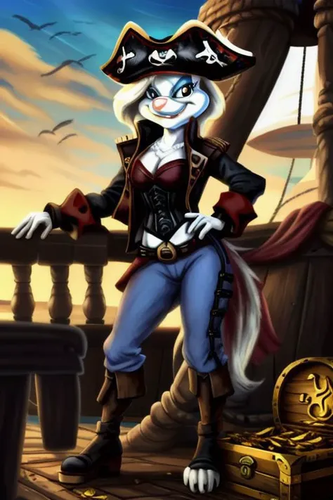 Minerva Mink (Animaniacs), 1girl, <lora:Pirate-14:0.8>, PrateT, hand on hip, pants, jacket, cross-laced footwear, corset, treasure chest, watercraft, ship, best quality, masterpiece, highres